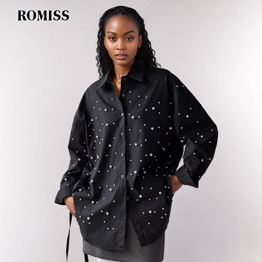 

ROMISS Solid Casual Patchwork Pearls Shirt For Women Lapel Soliced Single Breasted Loose Minimalist Blouse Female Fashion
