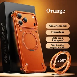 Leather Phone Case with 360° Rotatable Ring Stand and Magnetic Shockproof Bumper Cover - iPhone 17 Pro (Orange)