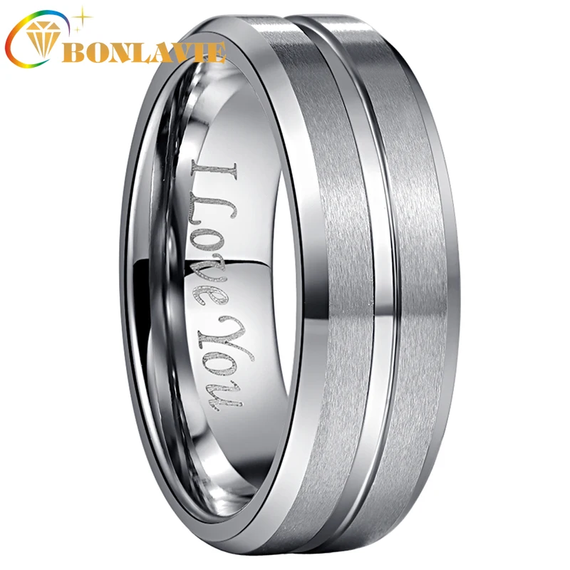 

BONLAVIE Men's 8mm Tungsten Carbide Ring Blue & Black Matte Finish Beveled Edge Wedding Band Size 6 to14