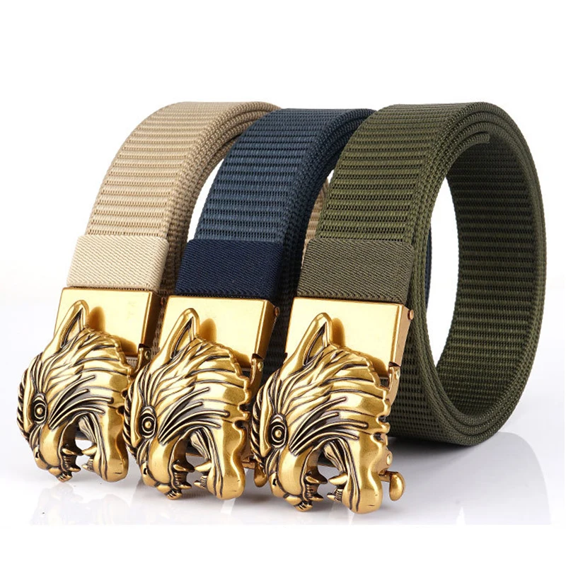 Fashion Nylon Belts For Men Automatic Zinc Alloy Buckle Tactical Belt Male Leopard Head Design Buckle Thicken Canvas Waist Belts