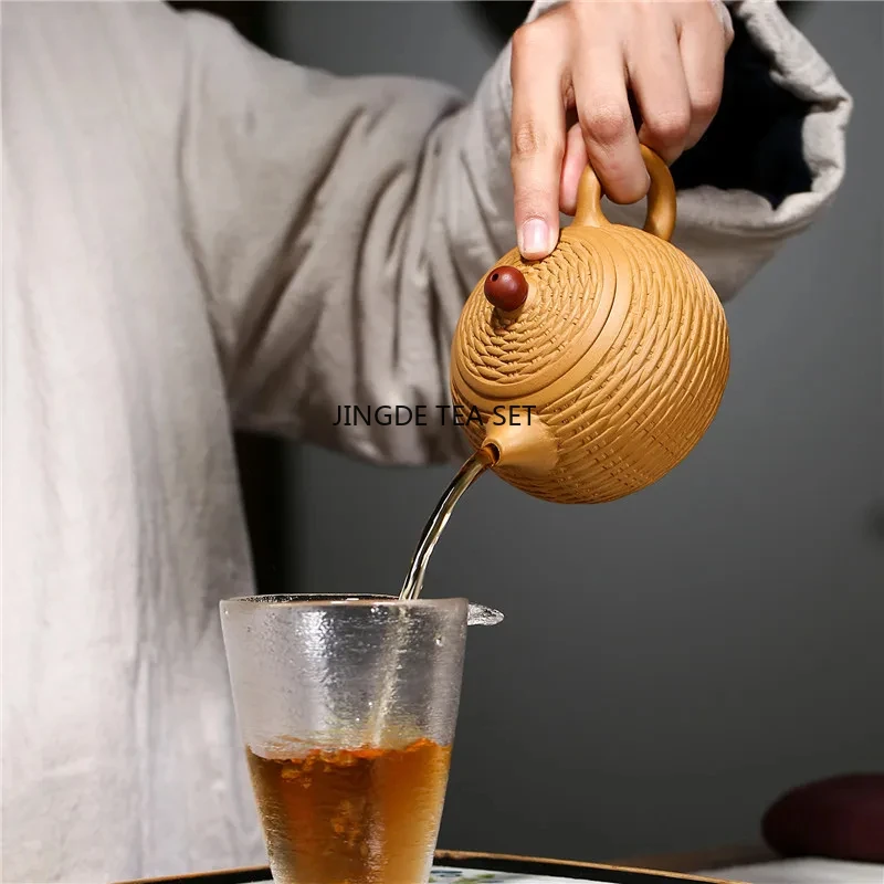 280ml Yixing purple clay teapot original ore gold section mud handmade bamboo woven Xishi teapot