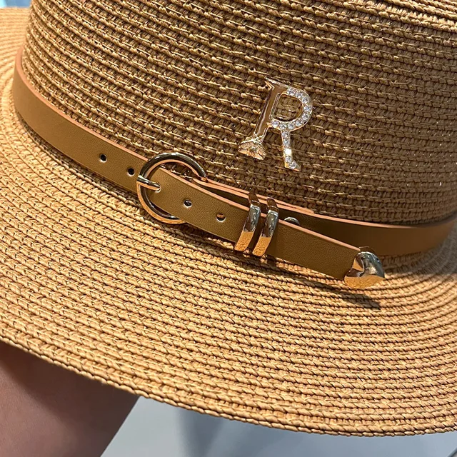 Sun hat R logo straw hat color belt accessories beach hat men's and women's hats flat top straw hat essential for summer travel 2