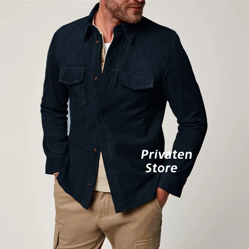 Men's Jacket Suede Slim Fit Lapel Cardigan High Quality With Pockets Business Office Suit Coat Single Breasted Clothes 5