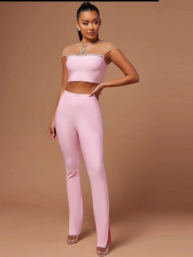 

Новый модный сетчатый лоскутный бандажный короткий топ со стразами + бандажные брюки, Модный комплект из 2 предметов, бандажный дизайн одежды