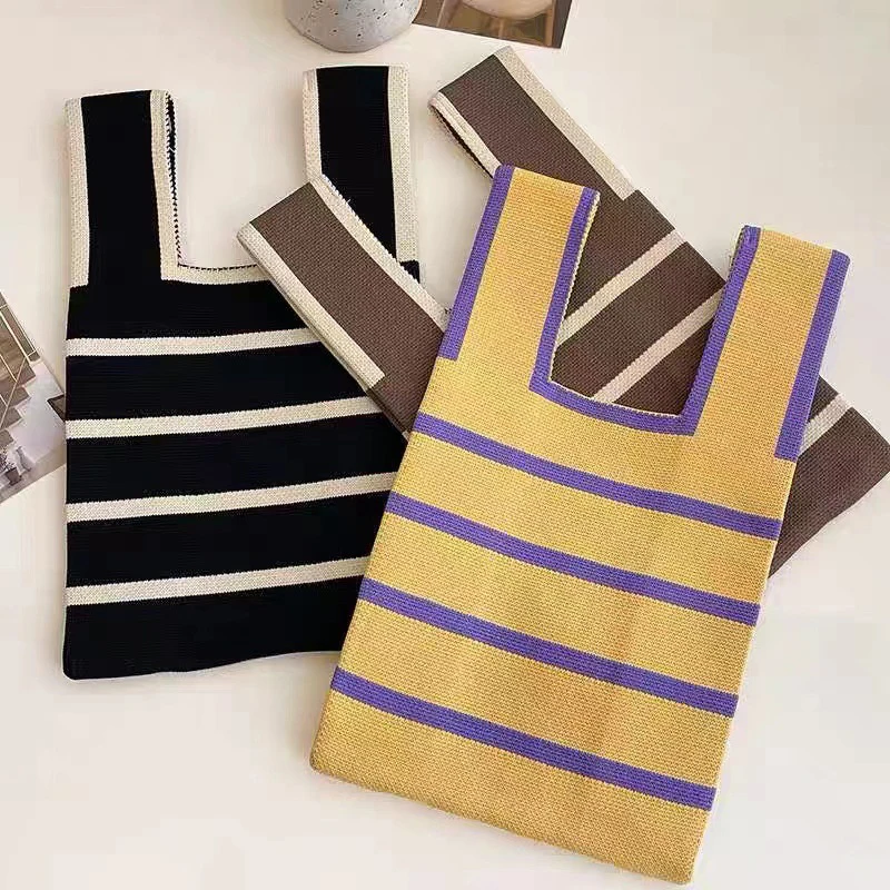 Women Knot Wrist Bag Fashion Handmade Striped Yarn Knitted Woven Handbags Korean Casual Tote Bag Reusable Shopping Bags 1Pcs