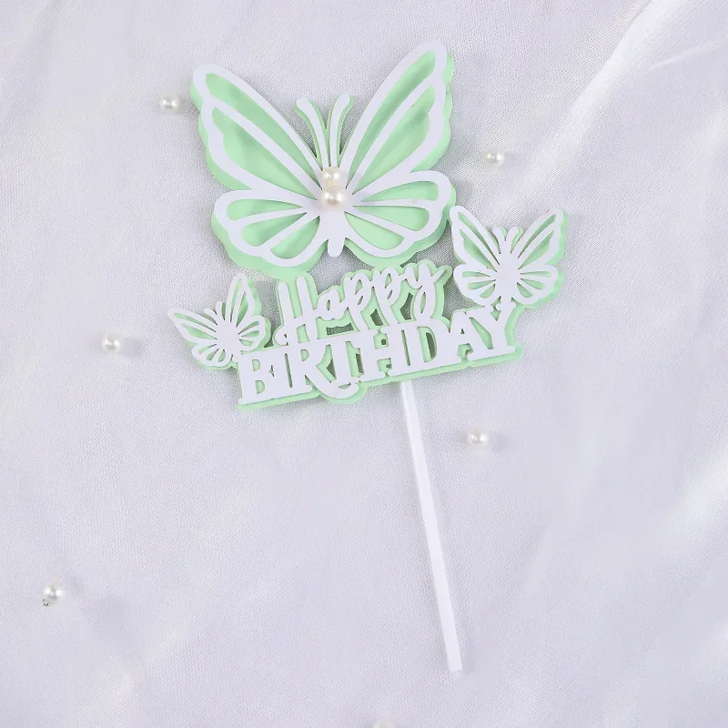 Butterfly Pearl Cake Topper Flag Happy Birthday Wedding Bride Decoration Cupcake Toppers Baking Party Baby Shower Cake Decor DIY