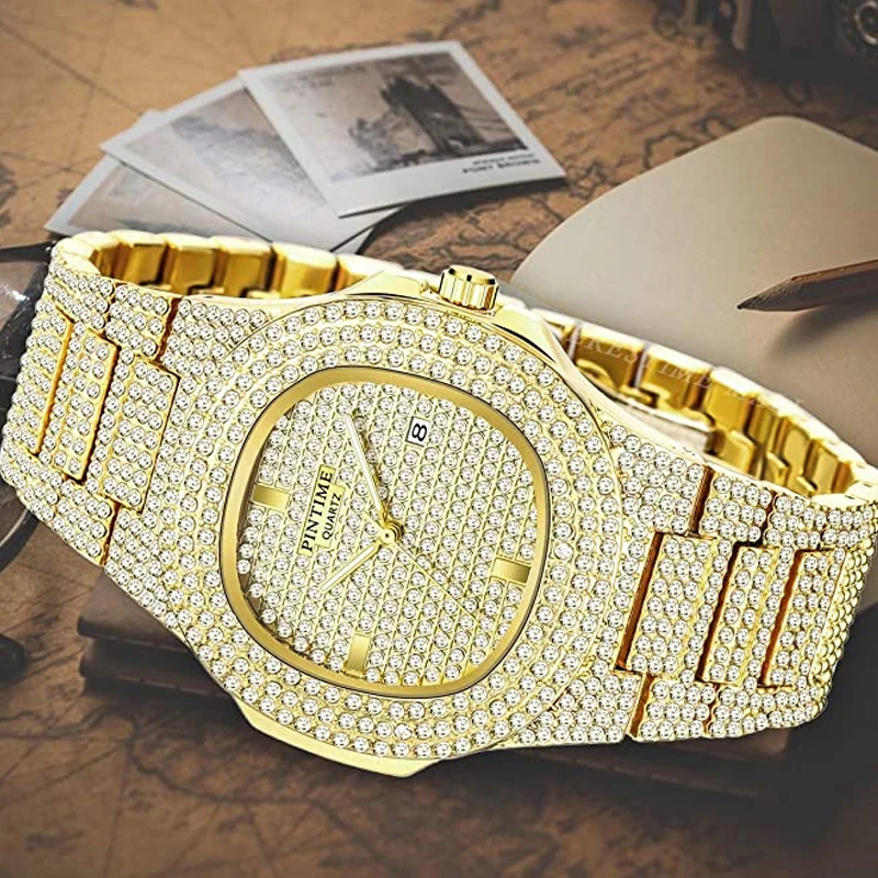 Fashion Iced Out Watch Men Diamond Steel Hip Hop Mens Watches Top Brand Luxury Gold Clock Reloj Hombre Relogio Masculino