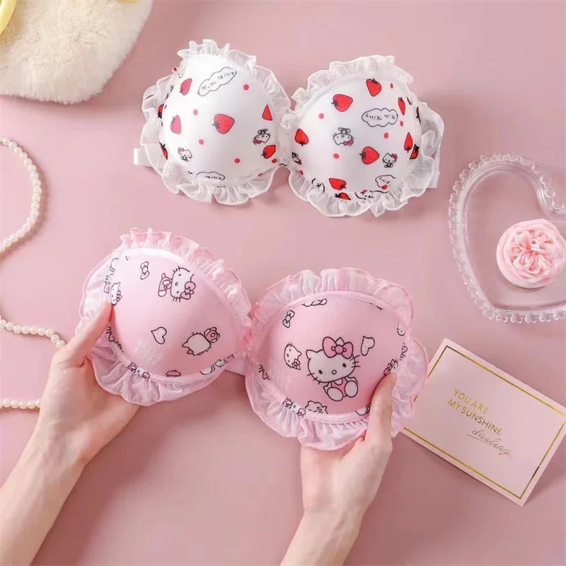 Hello Kitty Sanrio Anime Kawaii Underwear Cute Cartoon New Sweet Girl Bra Bowknot Lace Comfortable Ventilate Lingerie Briefs Set