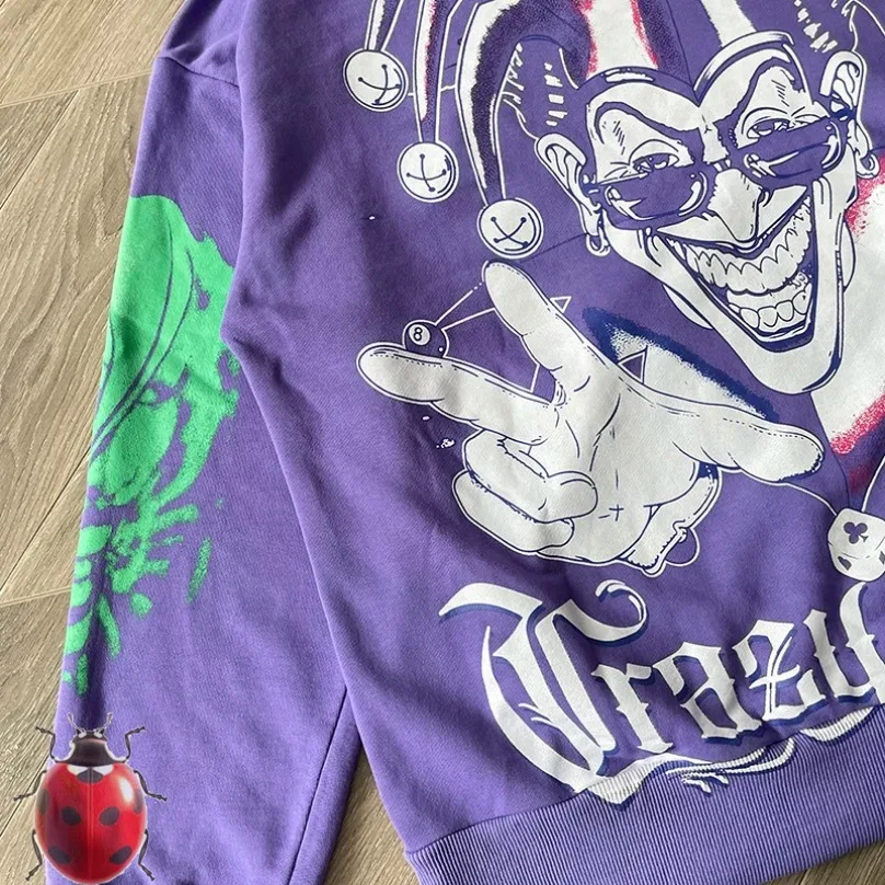 JOKER Print Lost Intricacy Hooded Hoodie Men Women Purple Loose High Street Heavy Fabric Sweatshirts