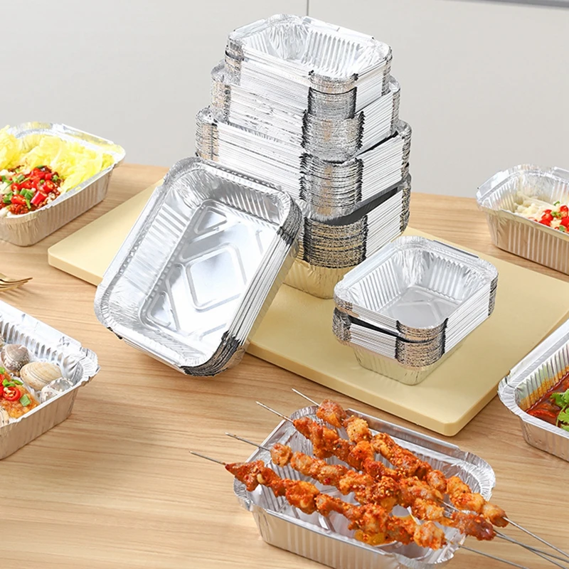 50pcs/set Disposable Aluminum Foil Lunch Box Aluminum Foil Tray Aluminum  Pan Food Packaging Take Out Container