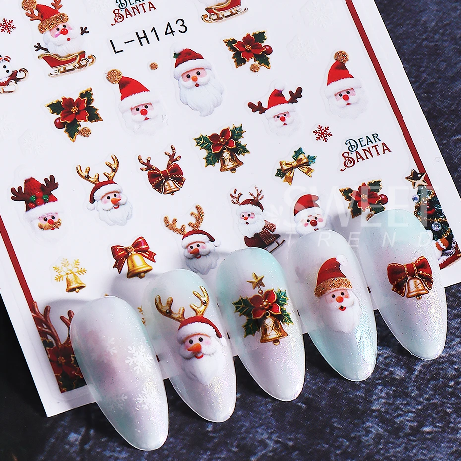 8pcs Christmas Nail Stickers Self-Adhesive Reindeer Santa Claus Penguin Xmas Tree Holly Nail Decals Manicure Decoration Sliders