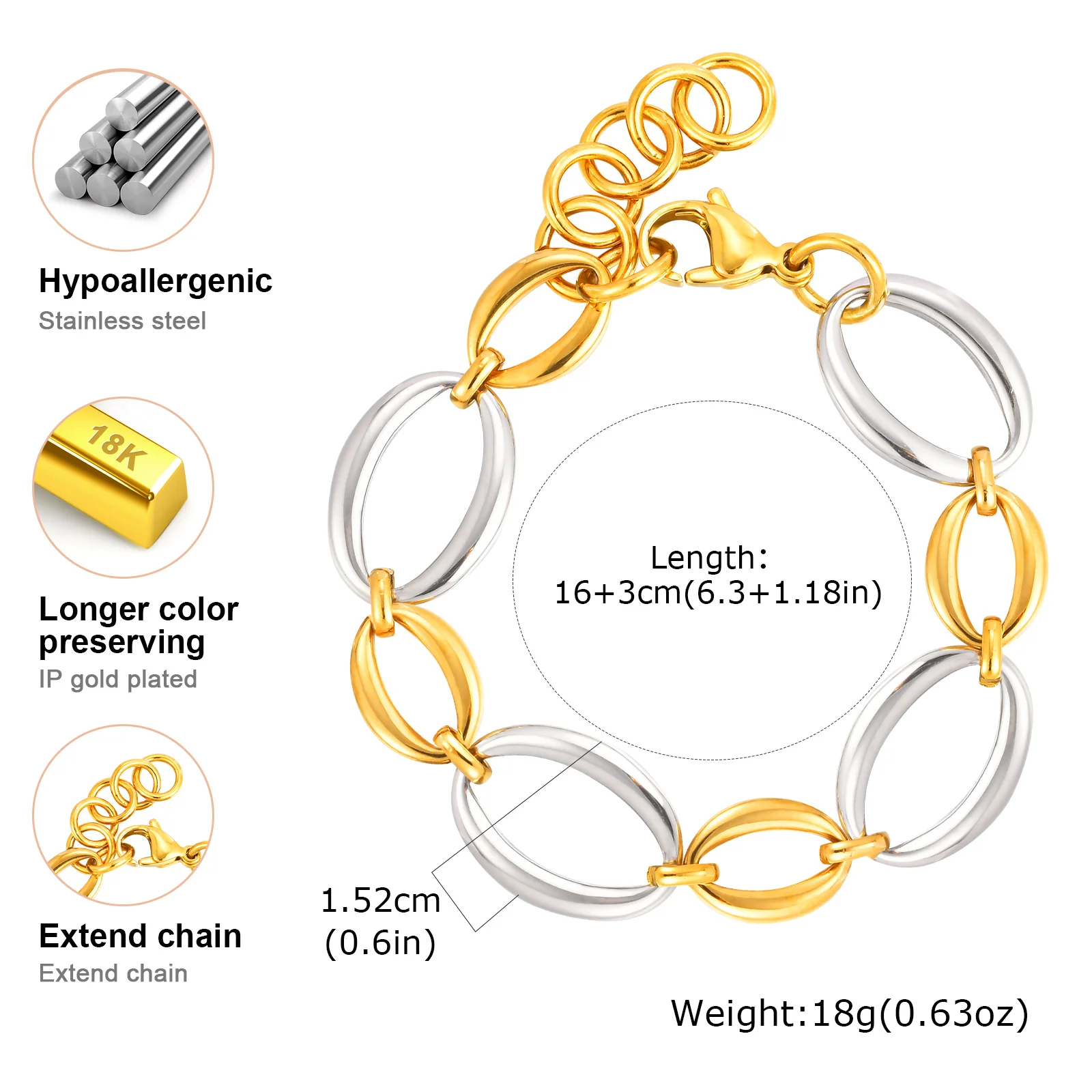 Wasserdichtes ovales Kettenarmband aus Edelstahl für Damen, vergoldetes, klobiges Gliederarmband, hochwertiger Schmuck – Detail 9