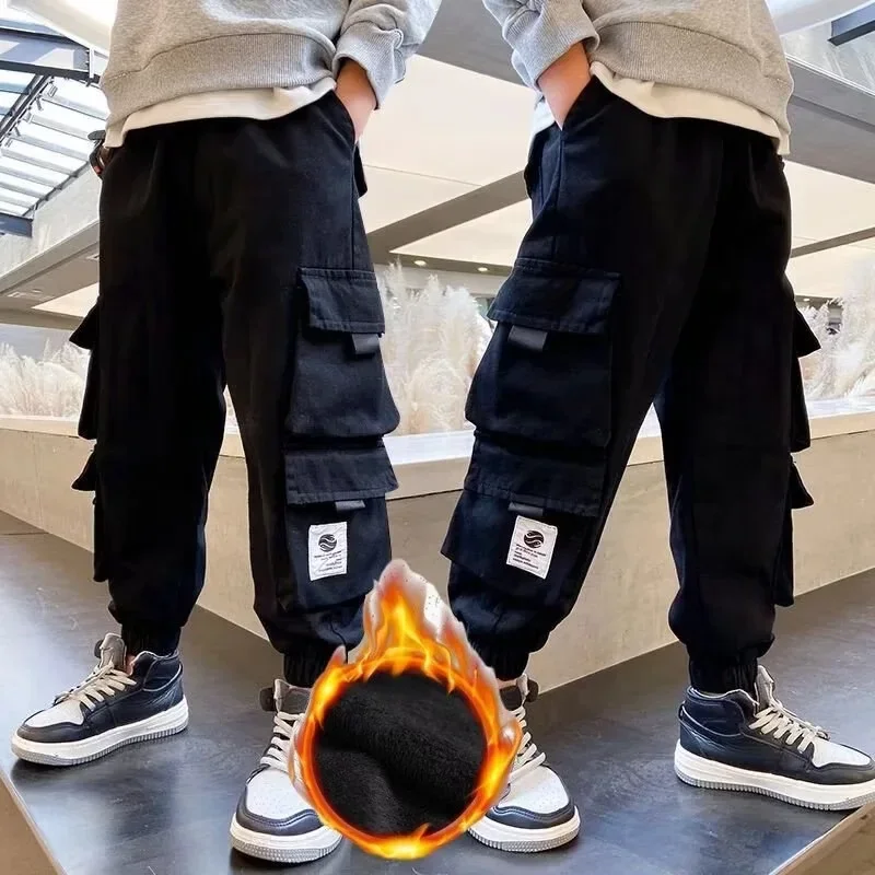 Boys Pants Kids Pants Fleece-lined Casual Loose Fit Winter Warm Cargo Pants Integrated Velvet For Kids Cross-border