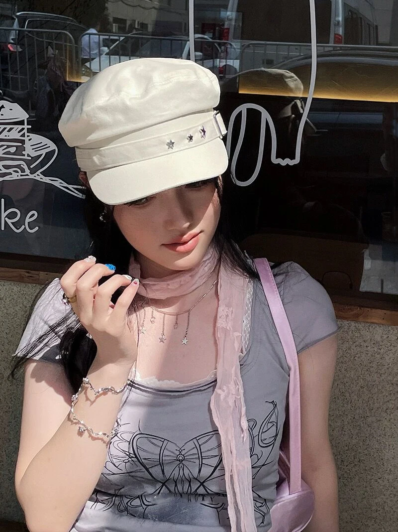 Retro Pittore Donne Nero Stella Cappello Militare Marinaio Capitano Flat Top Caps Primavera Autunno Artista Britannico Giornale Berretti_voghion.com