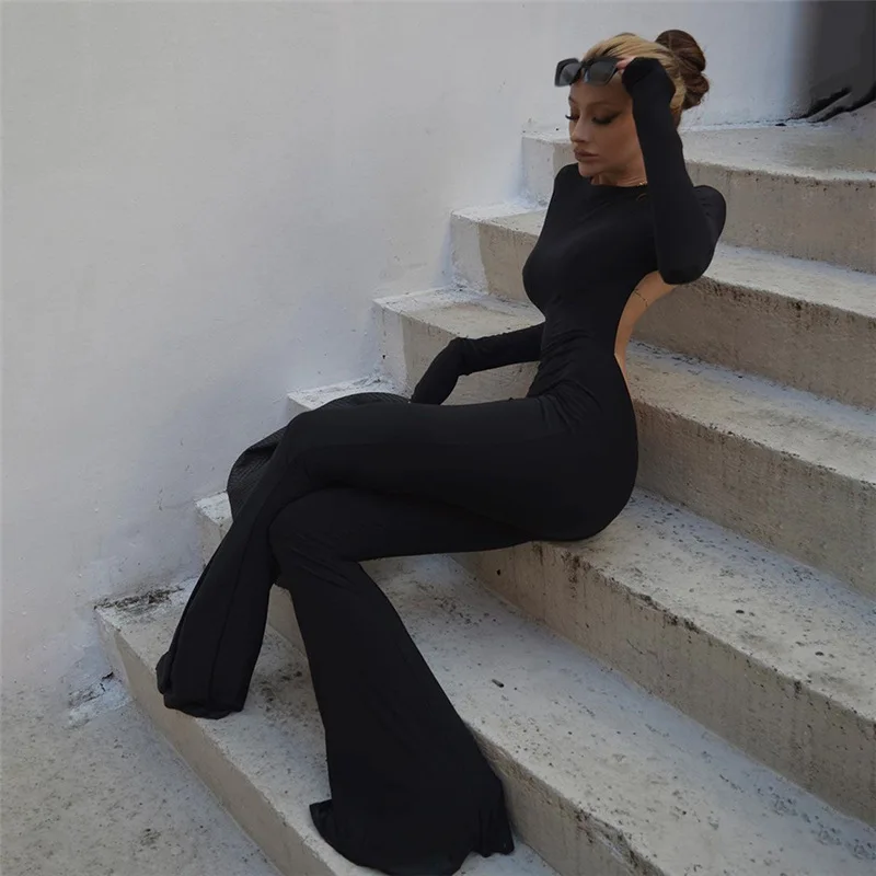 2022 Spring and Summer New Fashion Trend Women's Long Sleeve Backless Slim Temperament Elegant Wide Leg Casual Ladies Jumpsuit wide leg sexy jumpsuit printing ladies off shoulder mesh long sleeved casual party elegant office ladies dovetail long jumpsuit