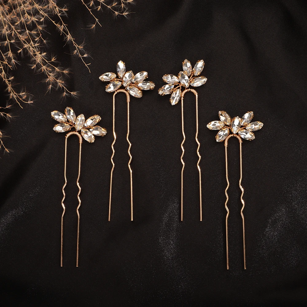 Trendy Bridal Pin Pink Silver Simple 4PCS Bridal Hairpins Rhinestones Wedding Hair Pins Wendding Ladies Hair Accessories Jewelry