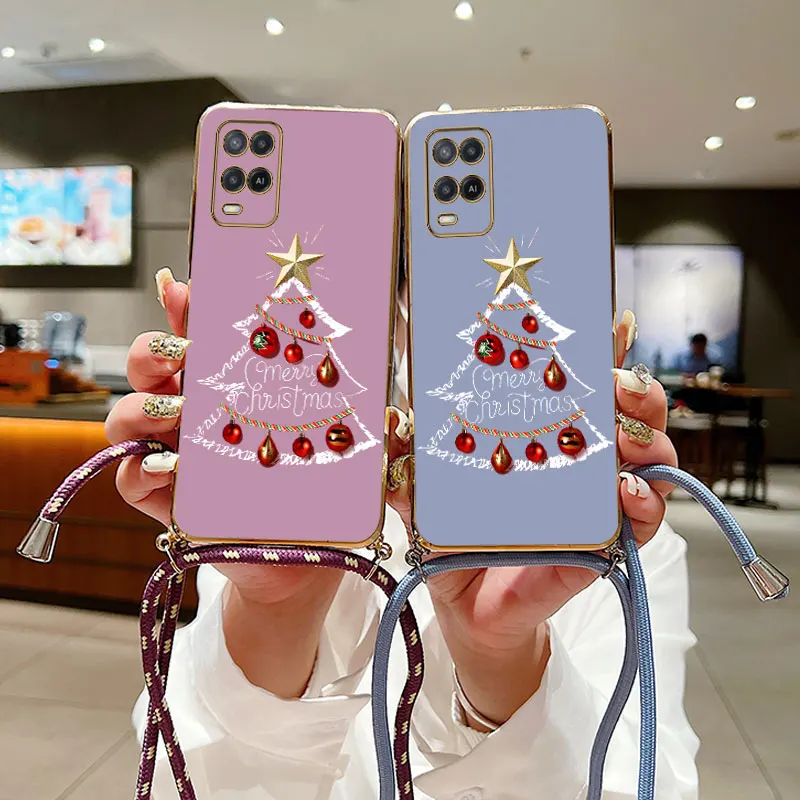 

Christmas Motifs Lanyard Plating Phone Case For Oppo A54 A55 A72 A74 A76 A15 A94 A77 A53 A57 A33 A31 A95 A96 A78 A83 A15S Cover