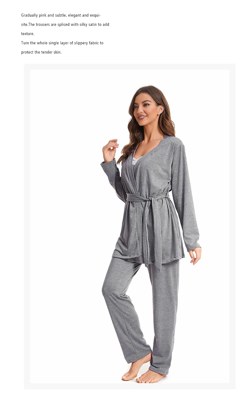 Frauen Pyjamas Baumwolle Weste + Langarm Top + Hose Drei Stück Set Für Hause Kleidung Pijama Feminino Neue nachtwäsche Zum Schlafen – Detail 2