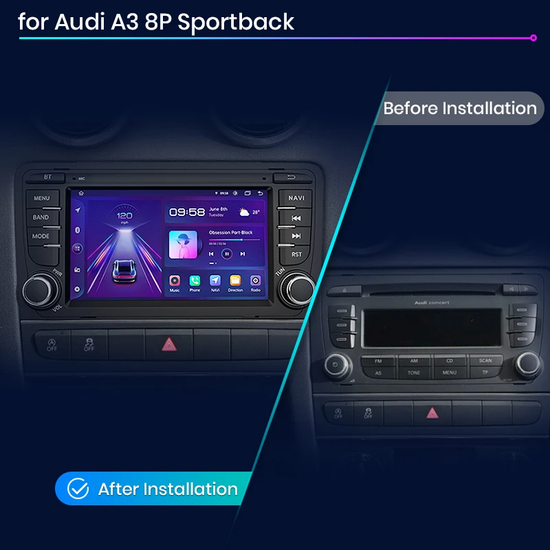 Junsun Radio para Auto con CarPlay Inalámbrico de 7 Pulgadas para Apple y Android Auto, para Audi A3 8P S3 RS3 2003-2012, Navegación GPS, SWC, Bluetooth, FM, RDS, DSP, Pantalla Táctil IPS, Sistemas Inteligentes para Auto, Voz AI, 4G, WiFi, 8 Núcleos, Plug&Play, Unidad Principal 2