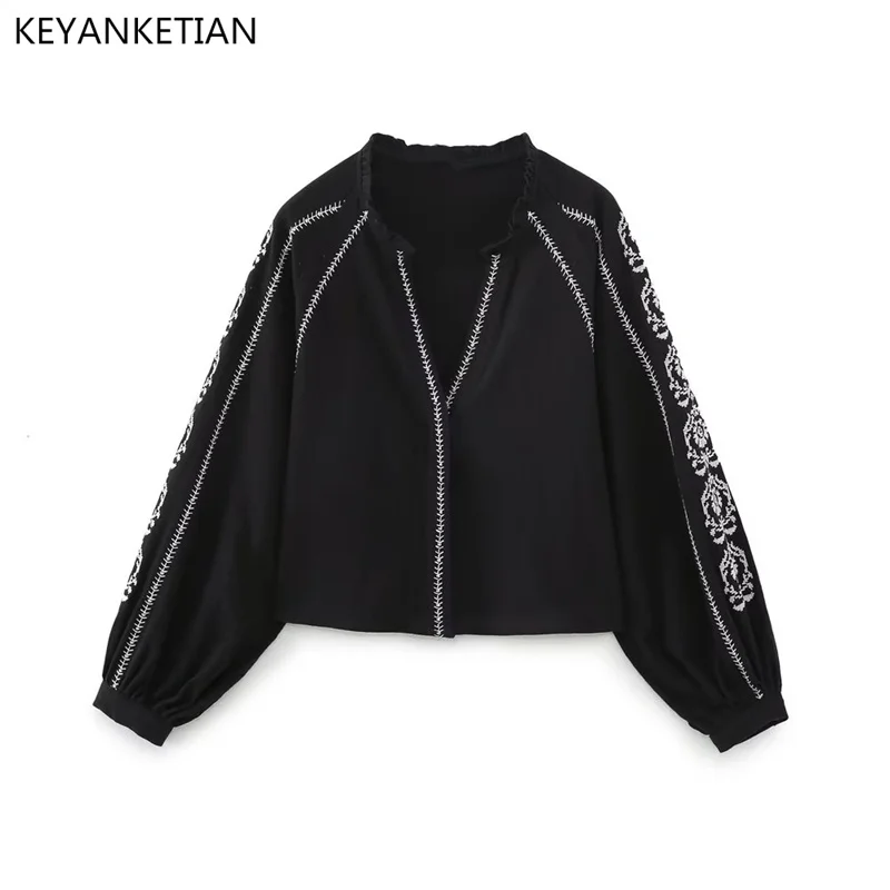 KEYANKETIAN Spring New Ethnic Style Embroidered Lantern Sleeve Black Shirt Women's V-Neck Long-Sleeved Pullover Smock
