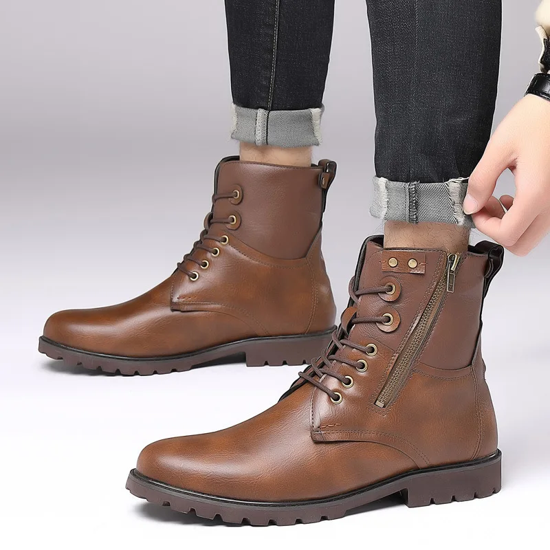 Autumn Large Size 38-48 Men's Chelsea Boots Fashion High Leather Shoes Zipper Casual