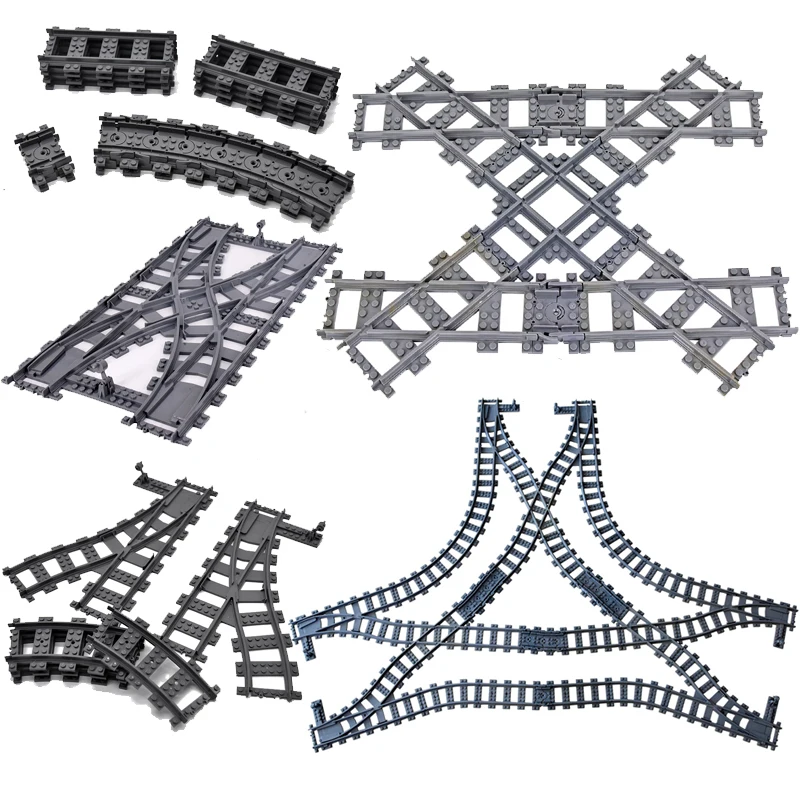 MOC 시티 기차 레일 크로싱, 유연한 트랙 포크, 직선 곡선 레일 스위치, 빌딩 블록 브릭, 창의적인 DIY 장난감