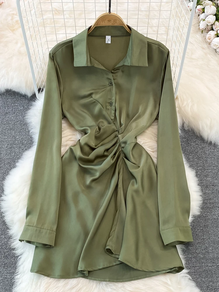 

Vintage Autumn Women Irregular Shirt Dress Long Sleeve Turn-Down Collar High Waist Twist Single Breated Slim Draped Vestidos