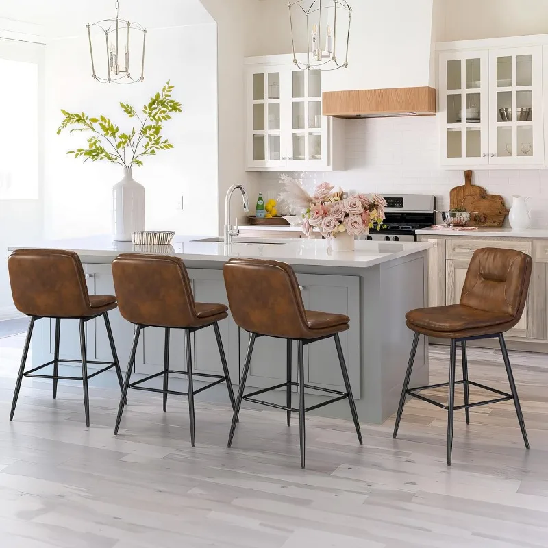 Upholstered Bar Stools Set of 4, Counter Height Bar Stools for Kitchen Island, Faux Leather Armless Barstool Chairs, 24 Inch
