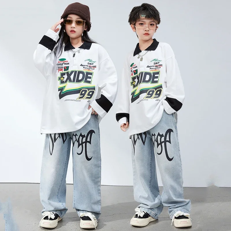 

Kids Loose White T-Shirt Hiphop Pants Suit Girls Jazz Performance Clothes Children Ballroom Hip Hop Dance Costumes