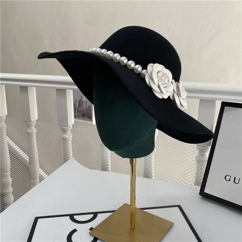 French Black Big Brim Top Hat Women Elegant Retro Style Flat