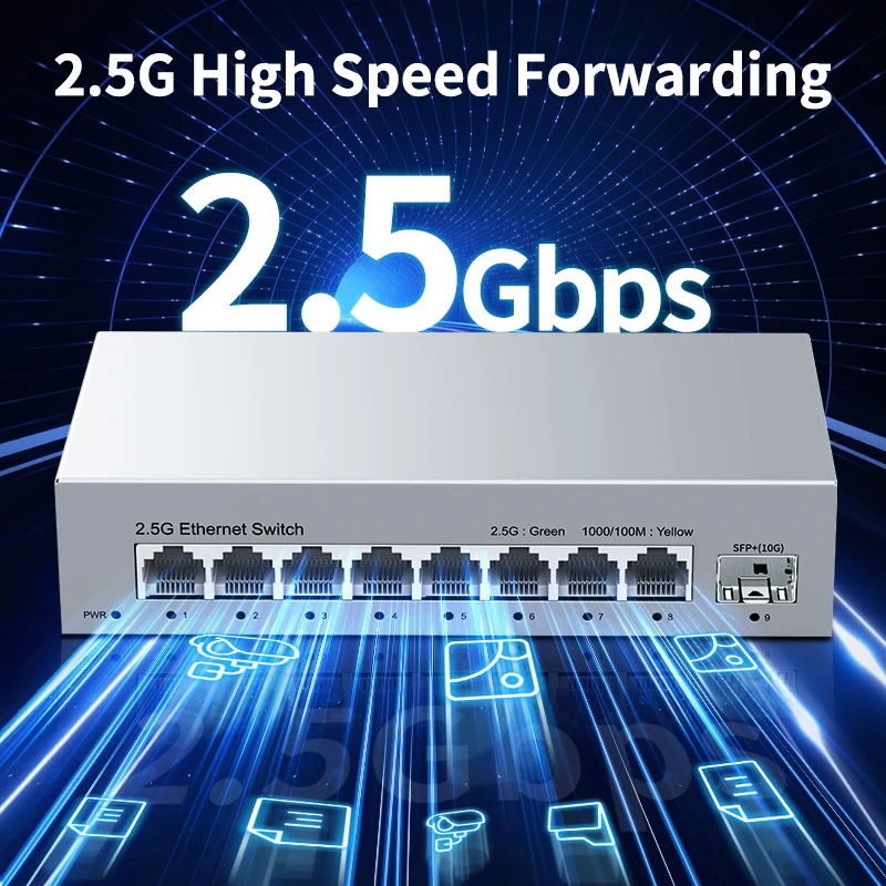 HORACO 2.5GbE Unmanaged Ethernet Switch 8 Port 2.5GBASE-T Network Switch 10G SFP+ Port Plug and Play Fanless Homelab network switch ethernet network