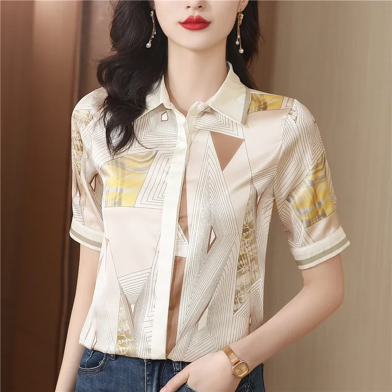 Prints Vintage Blouses Summer Loose Fit ShortSleeves Floral Women Tops Polo-neck Fashion Clothing Chiffon Women's Shirts