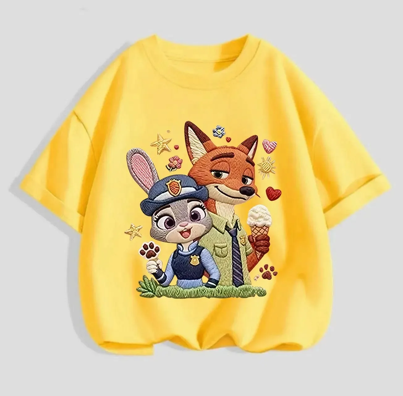 Zootopia Judy Nick 프린트 아동용 면 티셔츠 소녀를위한 다목적 캐주얼 탑 여름 반팔 라운드 넥 소녀 의류