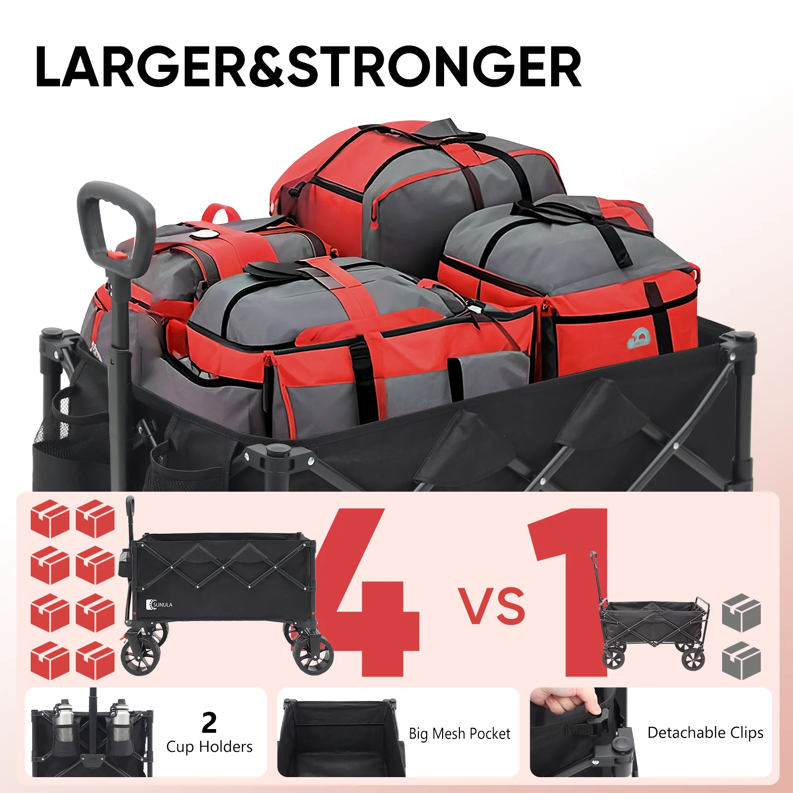 330LBS Collapsible Foldable Wagon Folding Cargo Cart 300L Heavy Duty Folding Utility Beach Garden Cart with All-Terrain Wheels