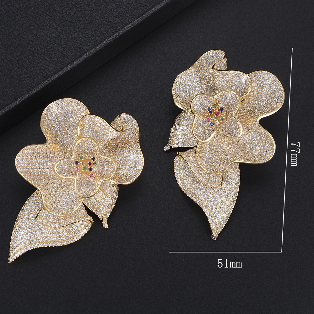 Soramoore Big Flower Blossom Cubic Zirconia Drop Earrings for Women Fashion Engagement Party Jewelry pendientes mujer moda