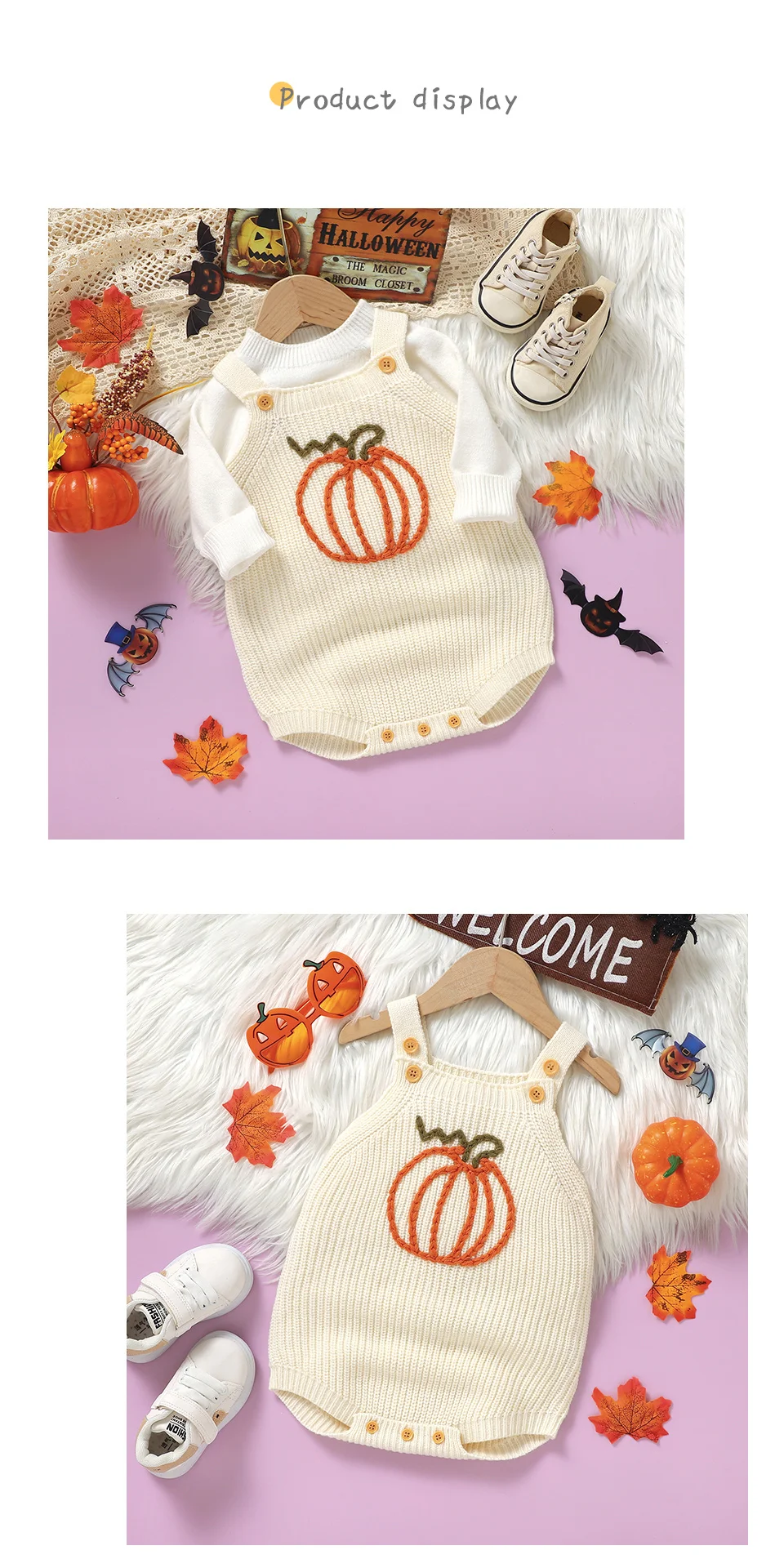 Winter Halloween Kürbis Stricken Baby Bodys Kleidung Neugeborenen Kinder Jungen Mädchen Strap Onesie 0-18m Ein Stück kinder Outfit – Detail 8