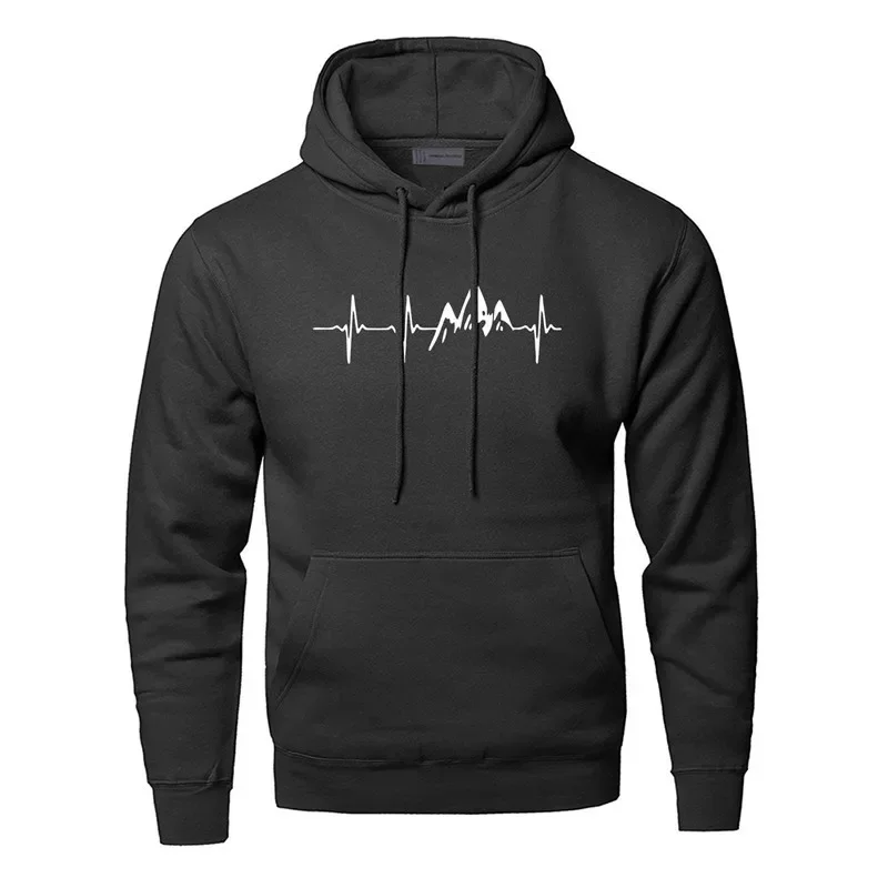 Mountain Heartbeat Hoodies for Man Sweatshirt Autumn Long Sleeve Hooded Sweatshirt Hoodie Black Gray Sportswear
