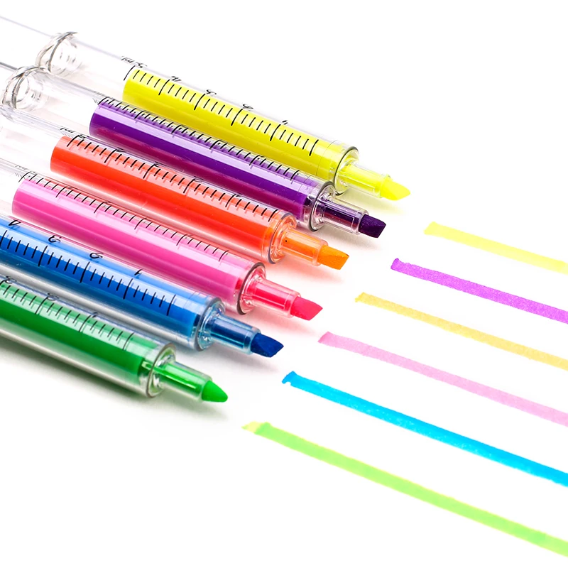 Highlighter Pen 6Pc Kawaii Syringe Highlighter Pen Syringe Needle Shape Mechanical Color pen Ballpoint for Office School Marker Writing Tool