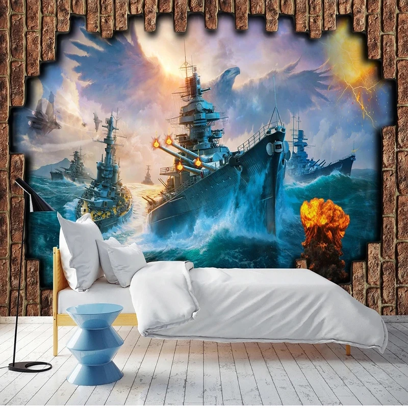 Hand-Painted 3D Battleship Spacecraft Pattern Murals Wallpaper Living Room Bedroom TV Background Wall Decor Wall Painting Fresco hand painted mustard stripes minimalist pattern on white shower curtain bathroom deco