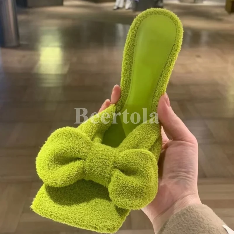 

Sweet Butterfly Knot Woman Plush Slippers Summer Square Toe Thin High Heels Slippers Sexy Slip On Bow Comfortable Outside Shoes
