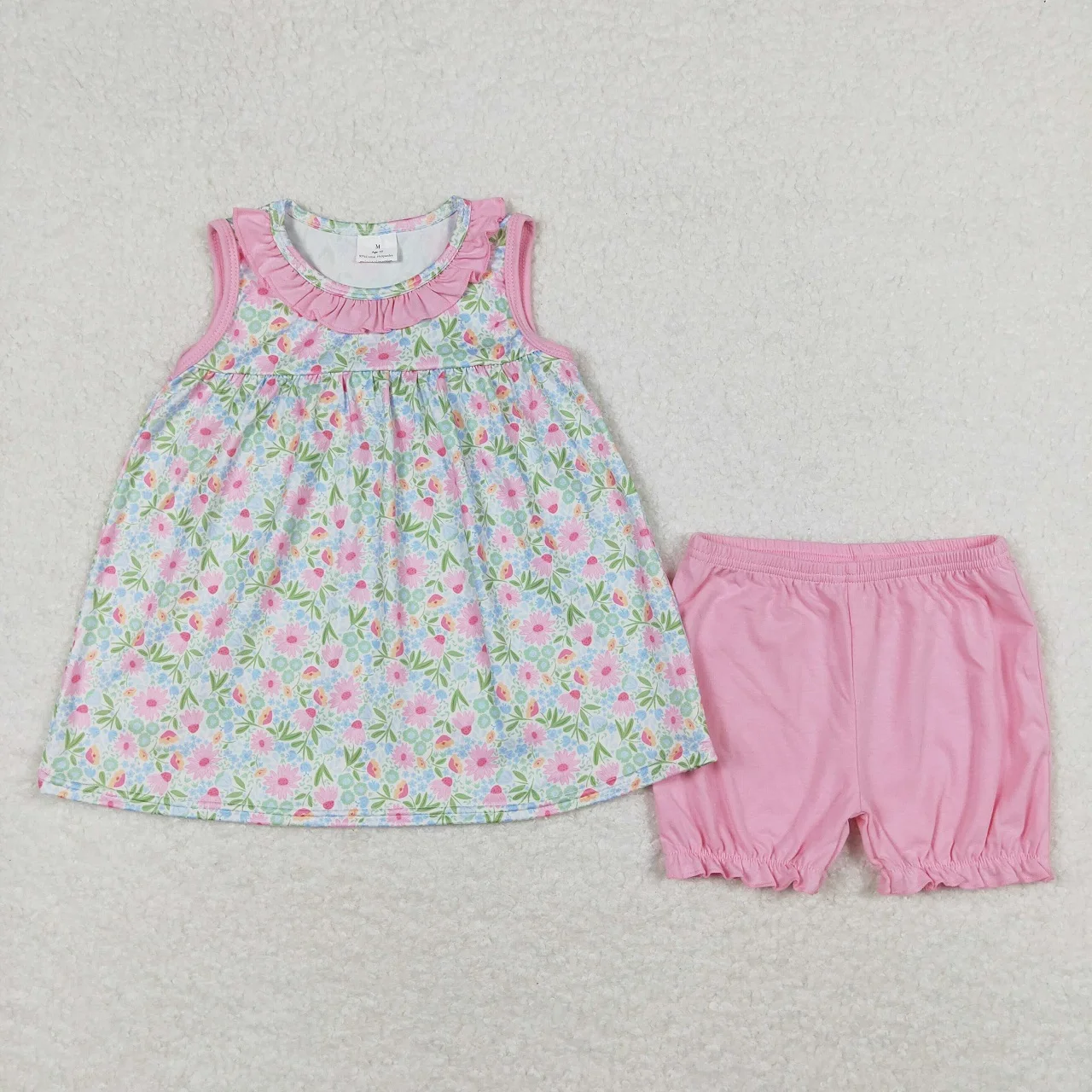 

Wholesale Kids Outfit Children Sleeveless Floral Ruffle Tunic Pink Cotton Shorts Infant Summer Toddler Set