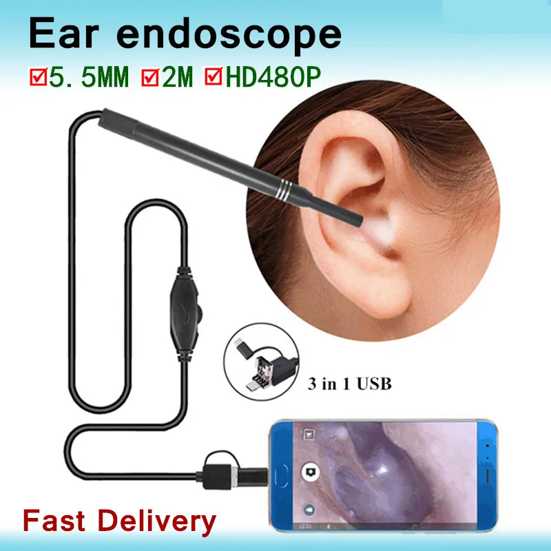 1Set In Ear Cleaning Endoscope Usb Visual Ear Spoon 5.5Mm Mini Camera Android Pc Ear Pick Otoscope Borescope Tool Health Care mini camera ear canal clean otoscope for android phone