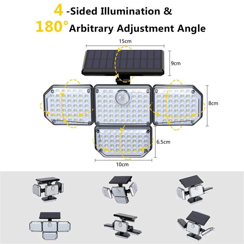 led solar lights Solar Motion Sensor Lights Outdoor 48/112/182 LED Flood Light Waterproof 3 Modes 4 Adjustable Heads Solar Powered Wall Lamp brightest outdoor solar lights