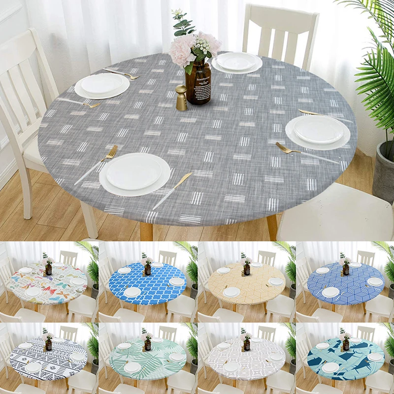 

1PC Waterproof Non-slip Tablecloths Round Elastic Tablecloth Classic Pattern Table Cloth Cover Coffee Table Pad Home Dining Room
