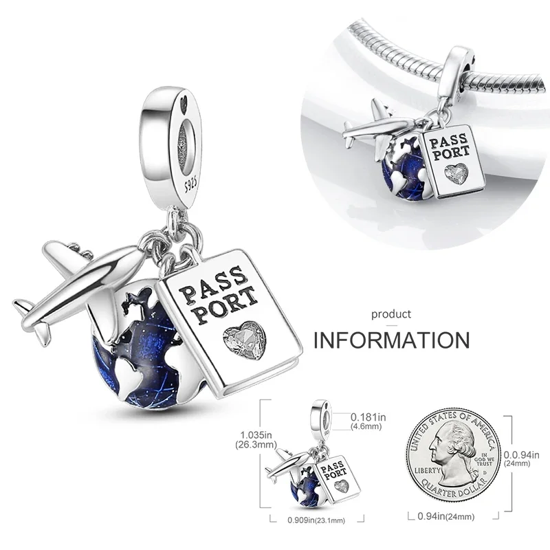 925 Sterling Silver Travel Passport Trunk Charms Fit Original Bracelet Diy Airplane Earth Beads for Jewelry Making Gift 3