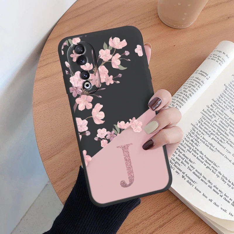 thumbnail image 1 of For Honor 90 Case Stylish Letters Soft Silicone Cover Beautiful Cherry Flower Initial Alphabet Fundas For Honor90 Shell Bags, 1 of 5