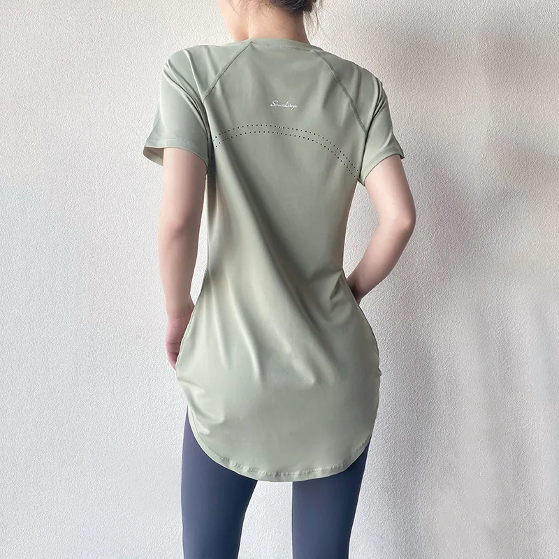 Xlwsbcr Yoga Sport Top Women Short Sleeve Shirts Cover Hip Gym Shirt Fitness Workout Pilates Wear Fitted Tops Quick Dry Blouse