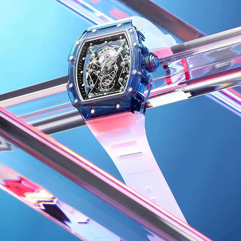 AILANG Men's Automatic Mechanical Watch Sport Silicone Strap Waterproof Luminous Tonneau Design Skeleton Wrist Watch For Men_voghion.com