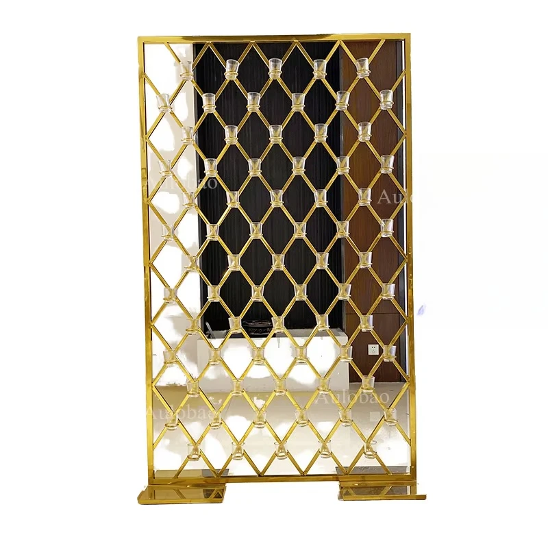 Luxuriöses Design, goldener Edelstahl-Hochzeitshintergrund, Blumenständer mit individuellem Display, Party-Logo