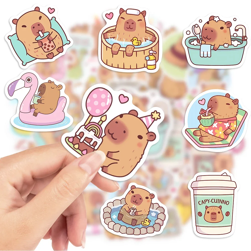 Animal stickers Cartoon sticker Cartoon stickers Paper stickers Adhesive stickers Self adhesive stickers Stationery stickers Decorative stickers Decorative labels stickers Cute Capybara Cafe Stickers Cartoon Fun Animal DIY Kids Toys Gift for Journal Scrapbook Laptop Phone Luggage Waterproof